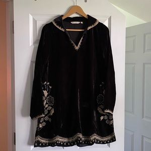 Soft Surroundings black crushed velvet tunic top mini dress Sz M embroidered